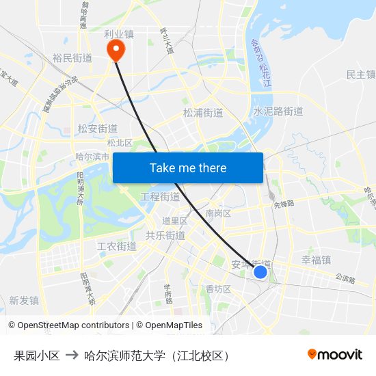 果园小区 to 哈尔滨师范大学（江北校区） map