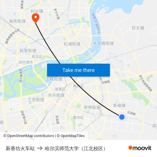 新香坊火车站 to 哈尔滨师范大学（江北校区） map