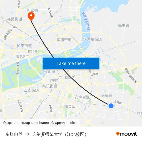 东煤电器 to 哈尔滨师范大学（江北校区） map