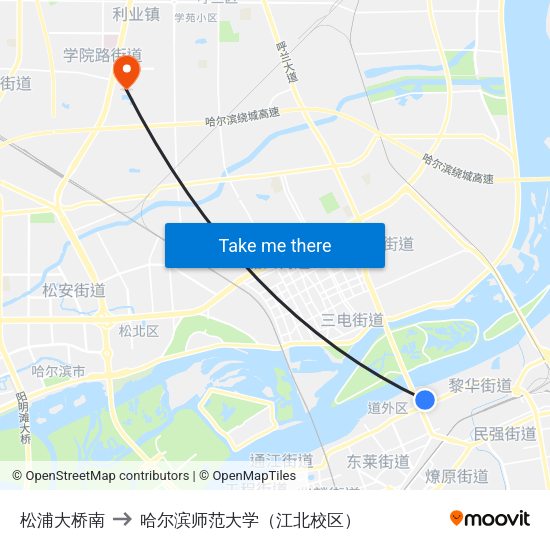 松浦大桥南 to 哈尔滨师范大学（江北校区） map