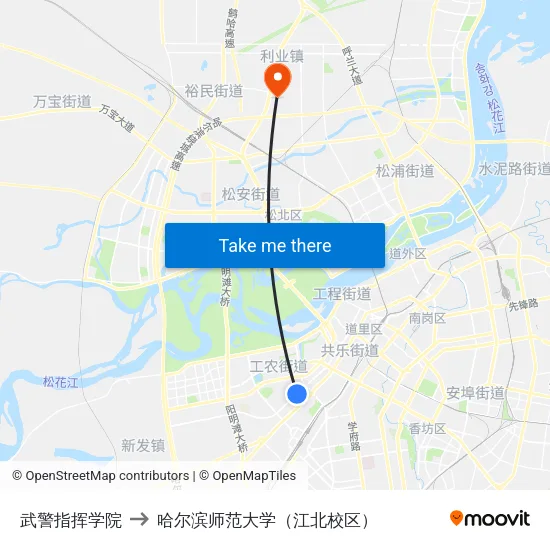 武警指挥学院 to 哈尔滨师范大学（江北校区） map