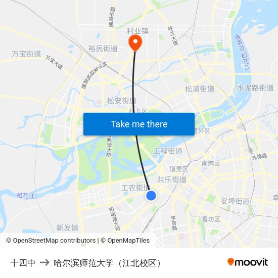 十四中 to 哈尔滨师范大学（江北校区） map