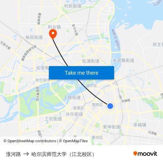 淮河路 to 哈尔滨师范大学（江北校区） map