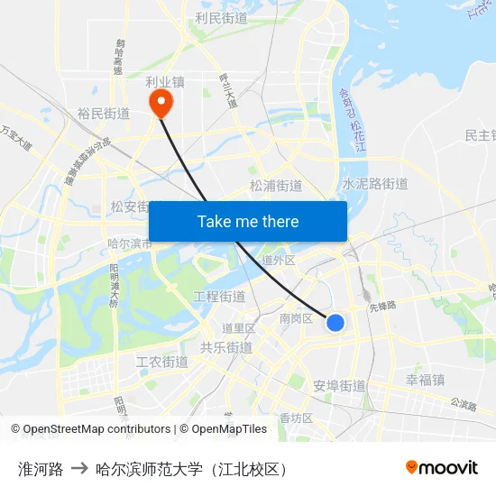 淮河路 to 哈尔滨师范大学（江北校区） map