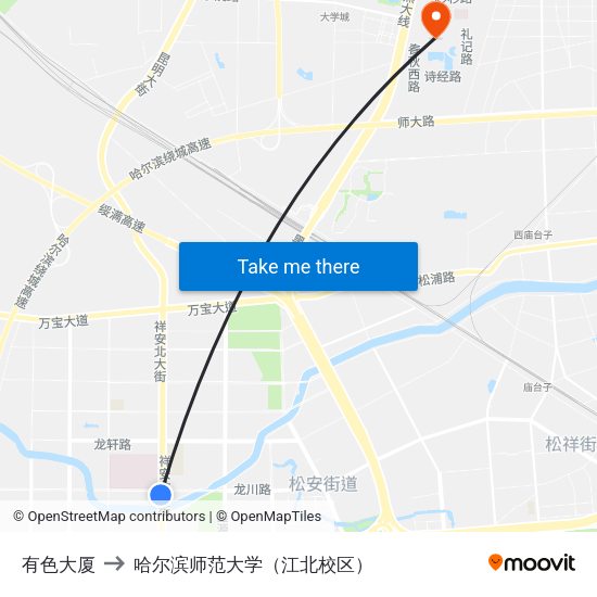 有色大厦 to 哈尔滨师范大学（江北校区） map