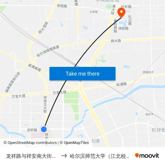 龙祥路与祥安南大街交口 to 哈尔滨师范大学（江北校区） map