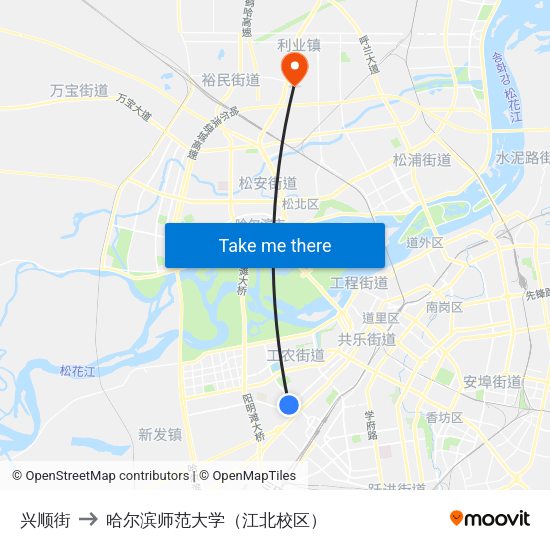 兴顺街 to 哈尔滨师范大学（江北校区） map