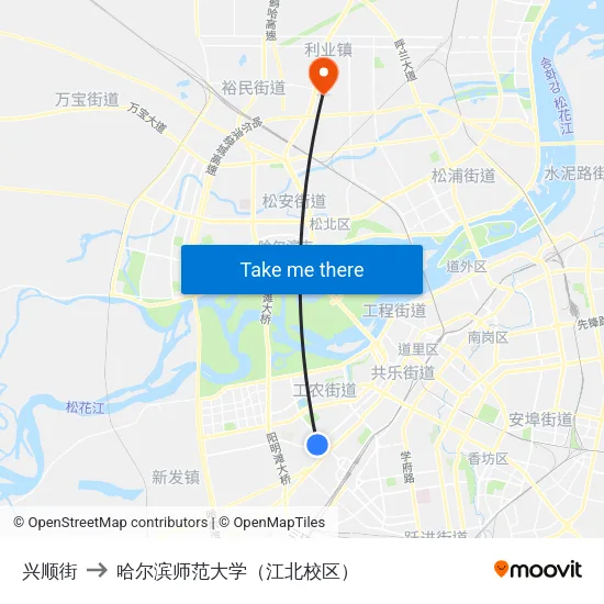 兴顺街 to 哈尔滨师范大学（江北校区） map