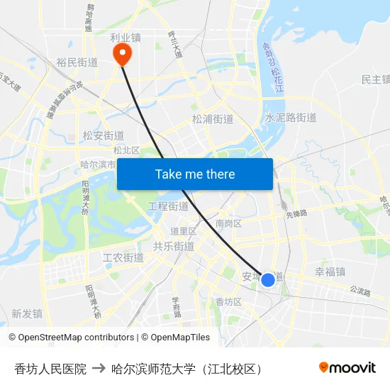 香坊人民医院 to 哈尔滨师范大学（江北校区） map