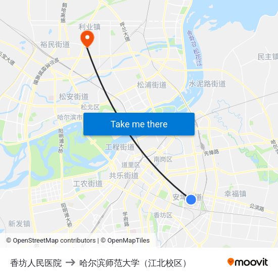 香坊人民医院 to 哈尔滨师范大学（江北校区） map