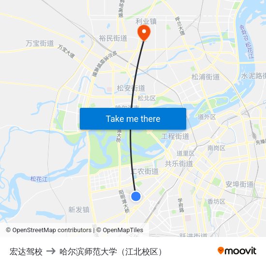 宏达驾校 to 哈尔滨师范大学（江北校区） map