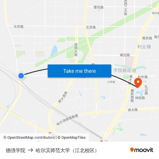 德强学院 to 哈尔滨师范大学（江北校区） map
