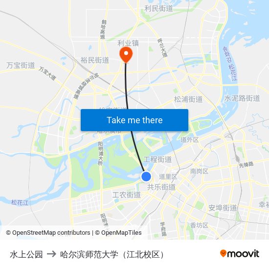 水上公园 to 哈尔滨师范大学（江北校区） map