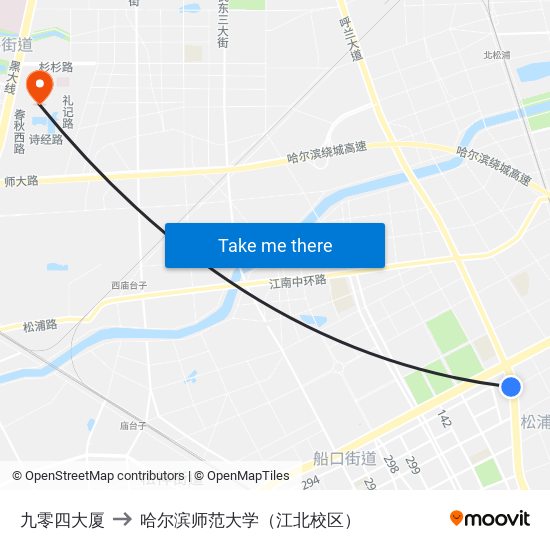 九零四大厦 to 哈尔滨师范大学（江北校区） map