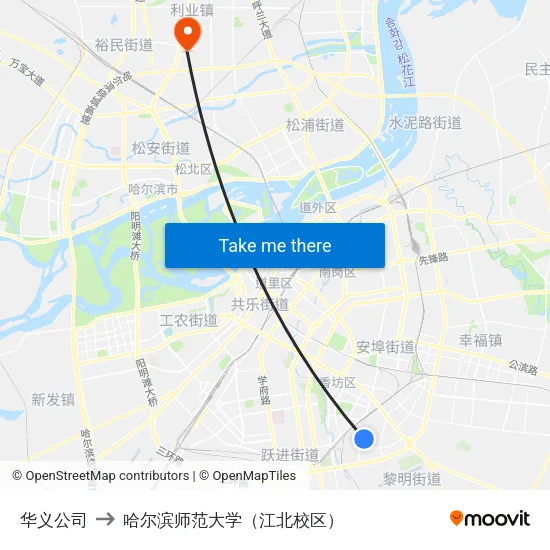 华义公司 to 哈尔滨师范大学（江北校区） map