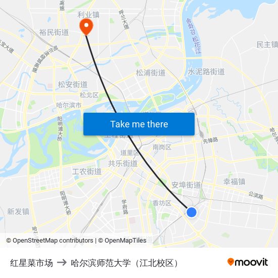 红星菜市场 to 哈尔滨师范大学（江北校区） map