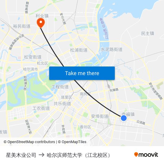 星美木业公司 to 哈尔滨师范大学（江北校区） map