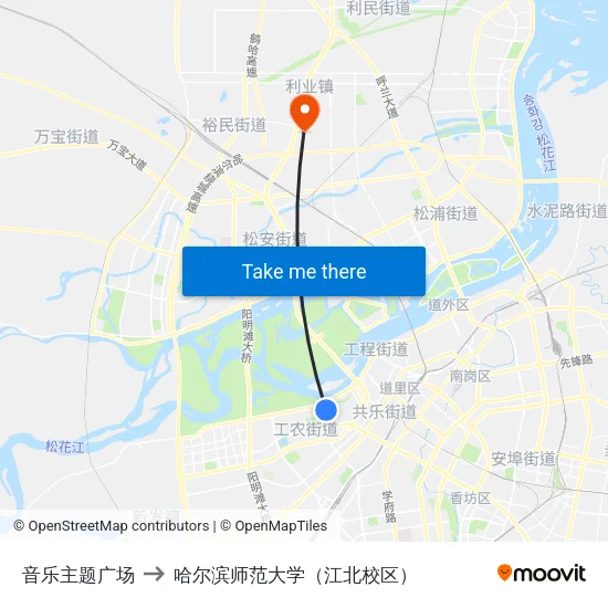 音乐主题广场 to 哈尔滨师范大学（江北校区） map