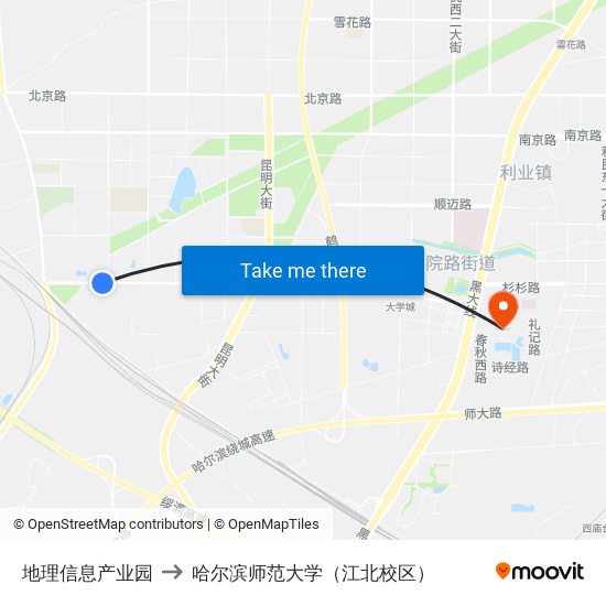 地理信息产业园 to 哈尔滨师范大学（江北校区） map