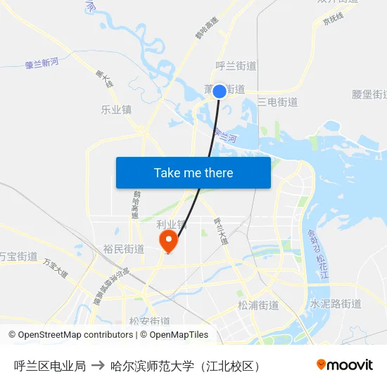 呼兰区电业局 to 哈尔滨师范大学（江北校区） map