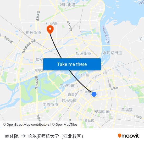 哈体院 to 哈尔滨师范大学（江北校区） map