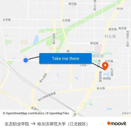 生态职业学院 to 哈尔滨师范大学（江北校区） map