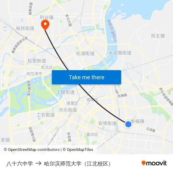 八十六中学 to 哈尔滨师范大学（江北校区） map
