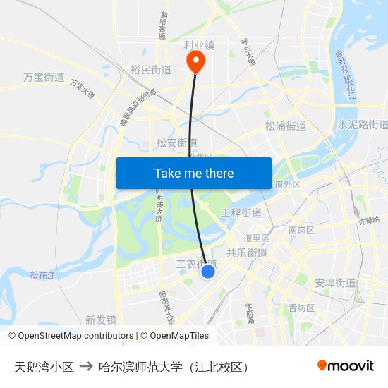 天鹅湾小区 to 哈尔滨师范大学（江北校区） map