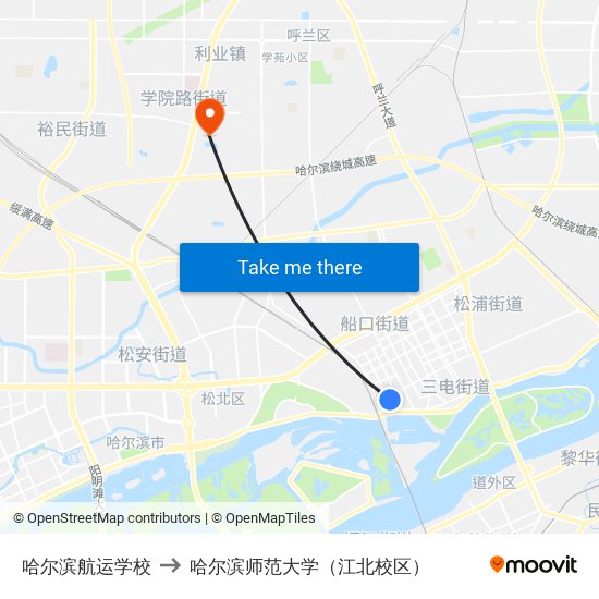 哈尔滨航运学校 to 哈尔滨师范大学（江北校区） map