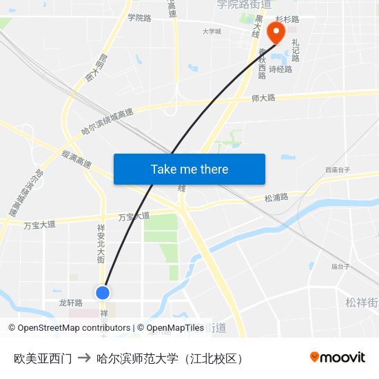 欧美亚西门 to 哈尔滨师范大学（江北校区） map