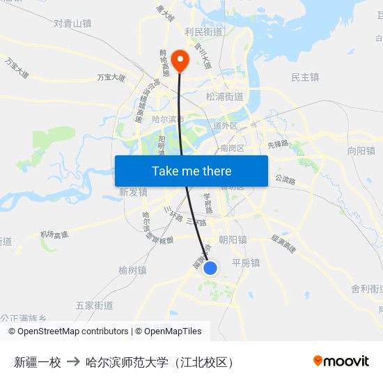 新疆一校 to 哈尔滨师范大学（江北校区） map