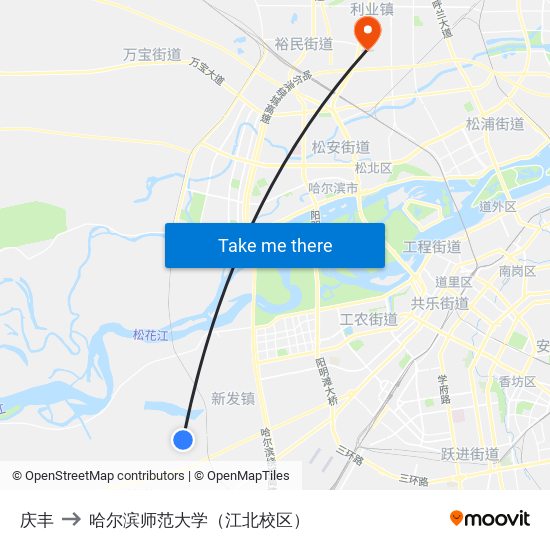 庆丰 to 哈尔滨师范大学（江北校区） map
