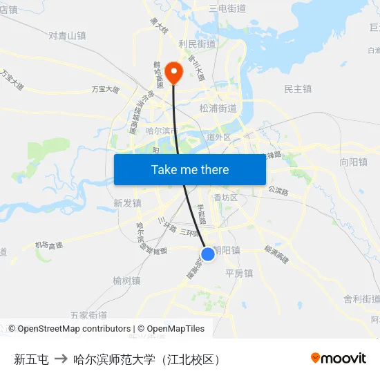 新五屯 to 哈尔滨师范大学（江北校区） map