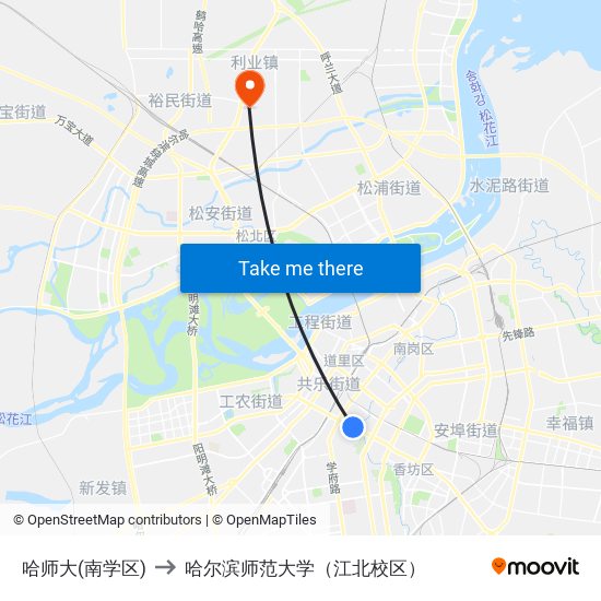 哈师大(南学区) to 哈尔滨师范大学（江北校区） map