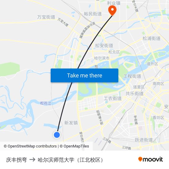 庆丰拐弯 to 哈尔滨师范大学（江北校区） map