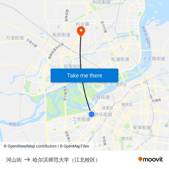 河山街 to 哈尔滨师范大学（江北校区） map
