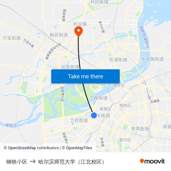 钢铁小区 to 哈尔滨师范大学（江北校区） map