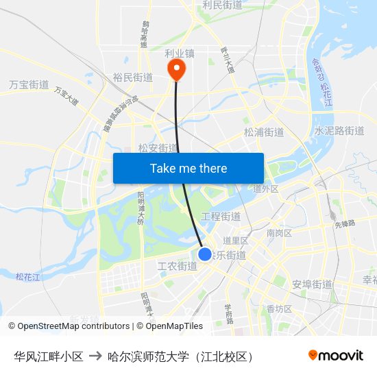 华风江畔小区 to 哈尔滨师范大学（江北校区） map