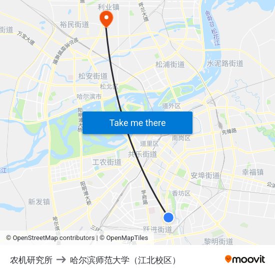 农机研究所 to 哈尔滨师范大学（江北校区） map
