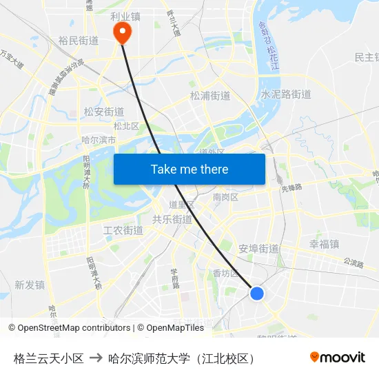 格兰云天小区 to 哈尔滨师范大学（江北校区） map