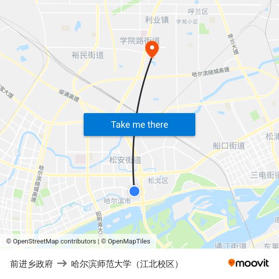 前进乡政府 to 哈尔滨师范大学（江北校区） map