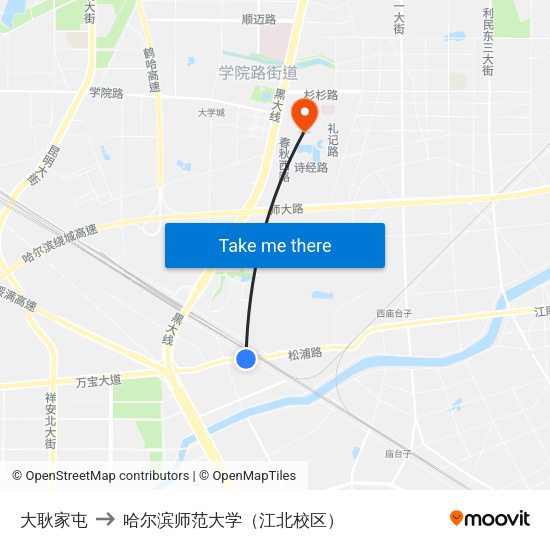 大耿家屯 to 哈尔滨师范大学（江北校区） map