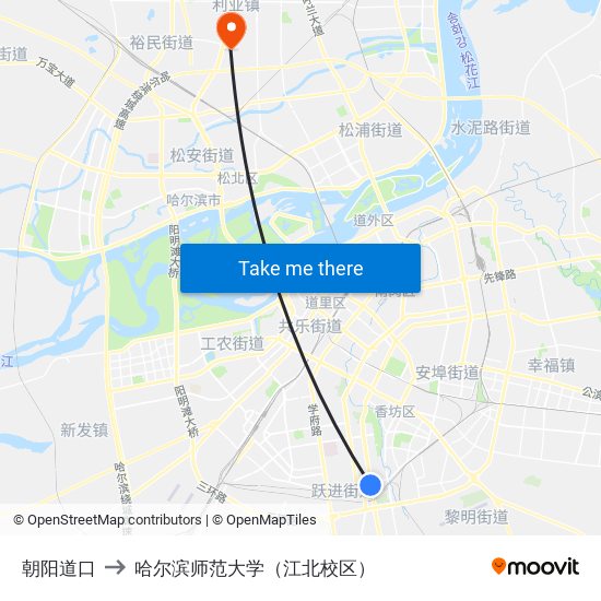 朝阳道口 to 哈尔滨师范大学（江北校区） map