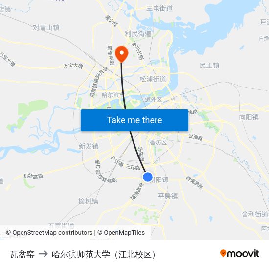 瓦盆窑 to 哈尔滨师范大学（江北校区） map