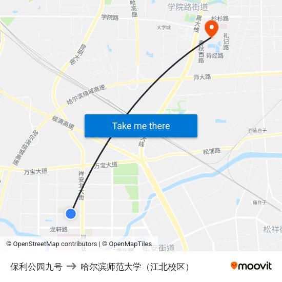 保利公园九号 to 哈尔滨师范大学（江北校区） map