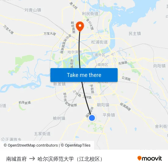 南城首府 to 哈尔滨师范大学（江北校区） map