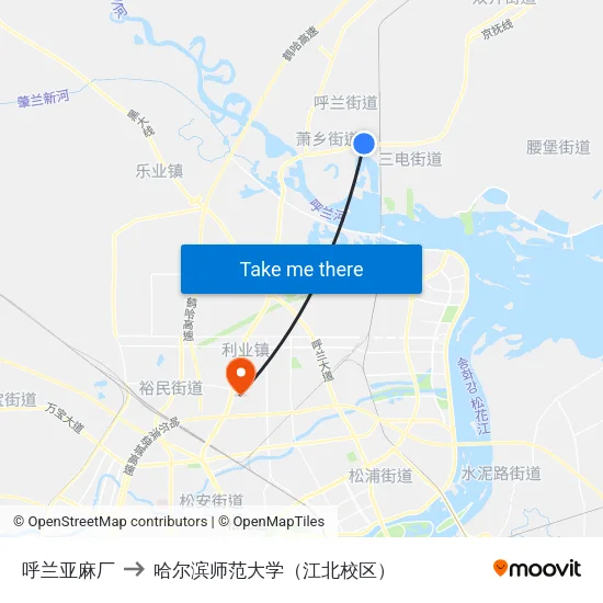 呼兰亚麻厂 to 哈尔滨师范大学（江北校区） map