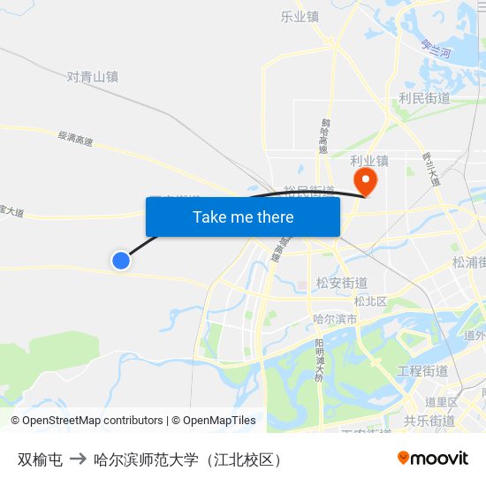 双榆屯 to 哈尔滨师范大学（江北校区） map