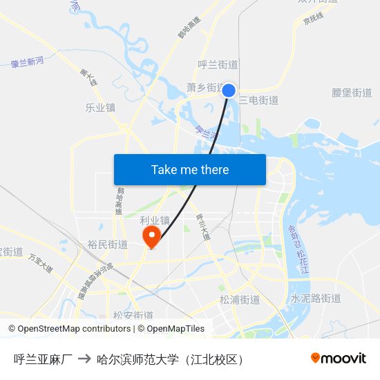 呼兰亚麻厂 to 哈尔滨师范大学（江北校区） map