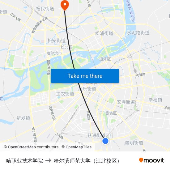 哈职业技术学院 to 哈尔滨师范大学（江北校区） map